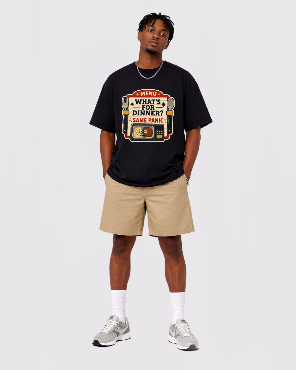 What's For Dinner? Same Panic Funny Graphic T-Shirt, full body fit view, image 2