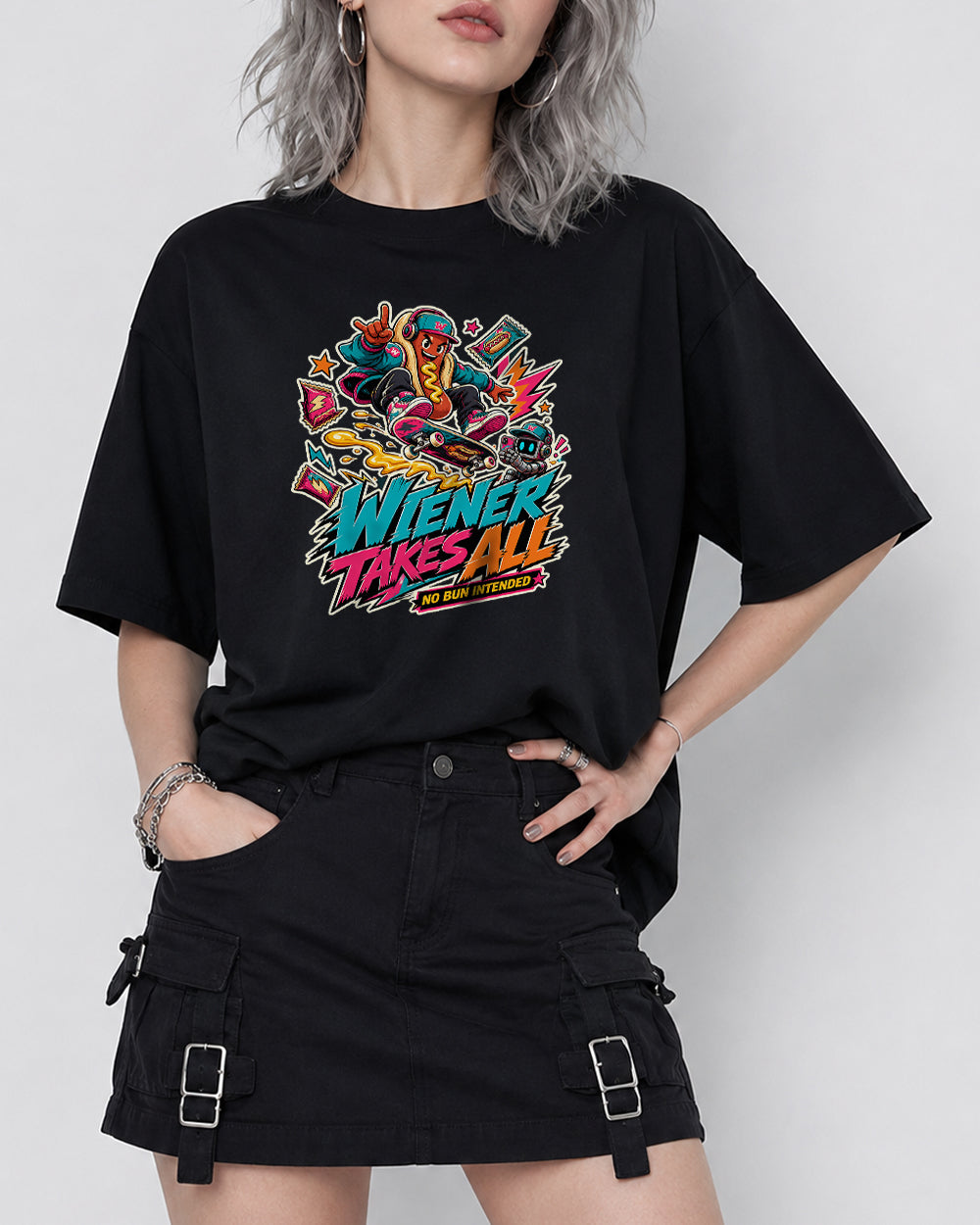 Wiener Takes All, No Bun Intended Streetwear Graphic T-Shirt in Black, front model view 1