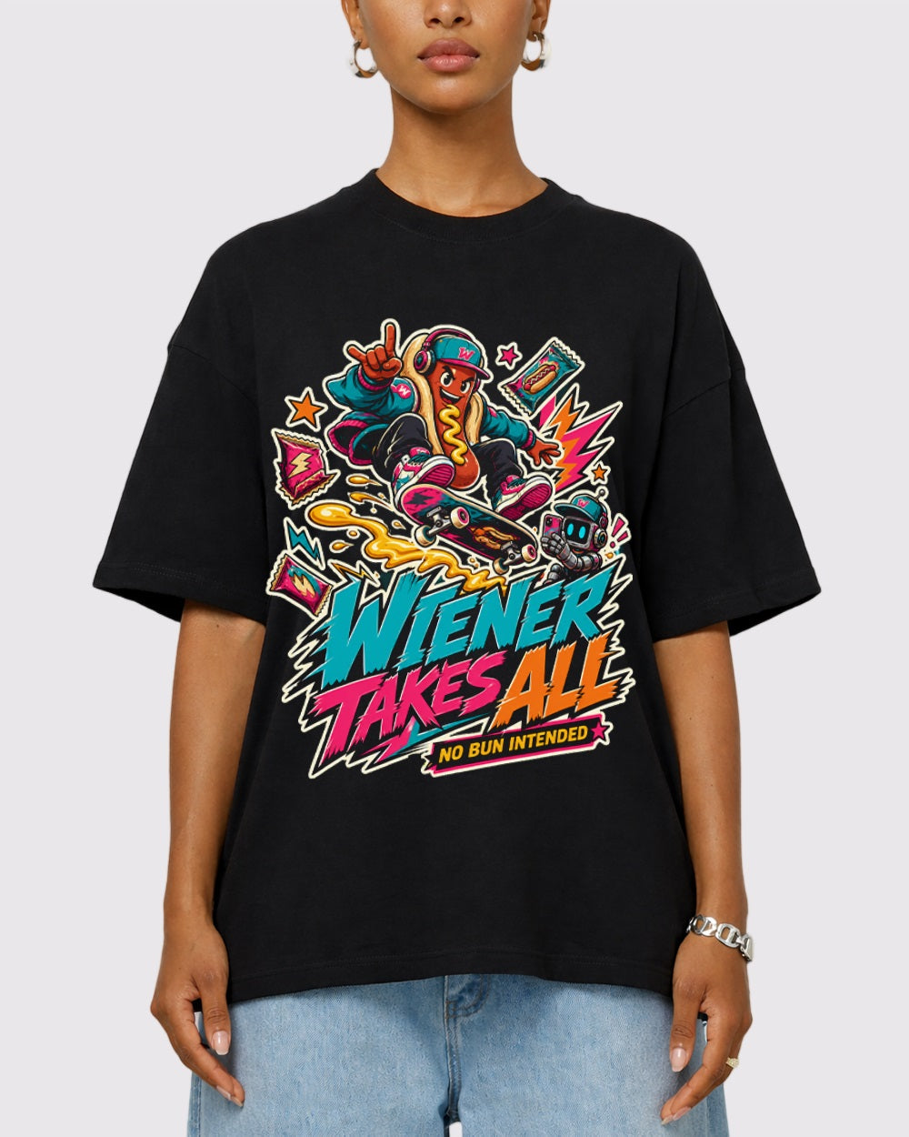 Wiener Takes All, No Bun Intended Streetwear Graphic T-Shirt, primary front view, image 1