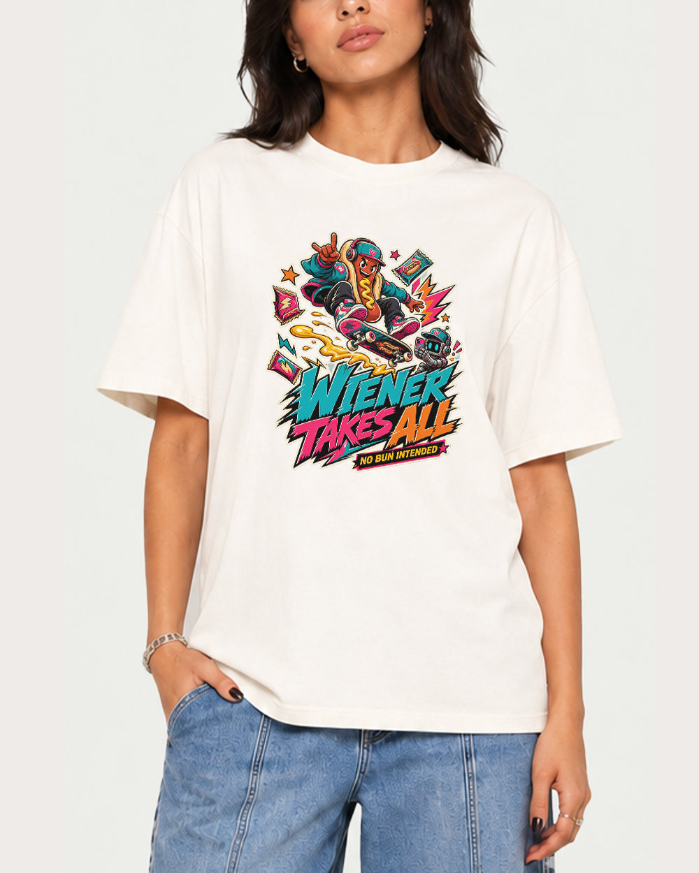 Wiener Takes All, No Bun Intended Streetwear Graphic T-Shirt in White, front model view 5