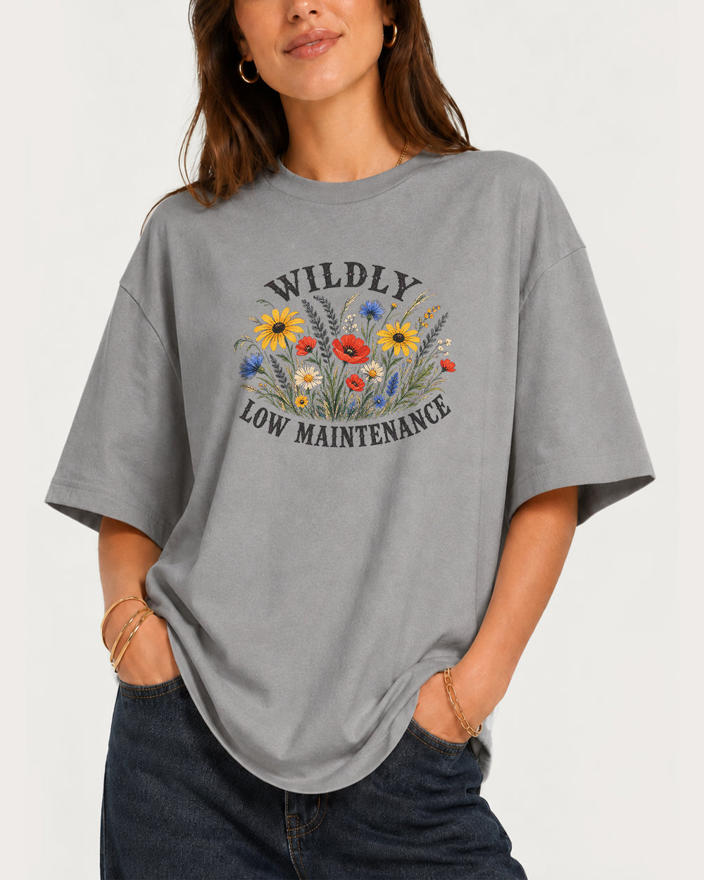 Wildly Low Maintenance Graphic T-Shirt in Gray, front model view 3