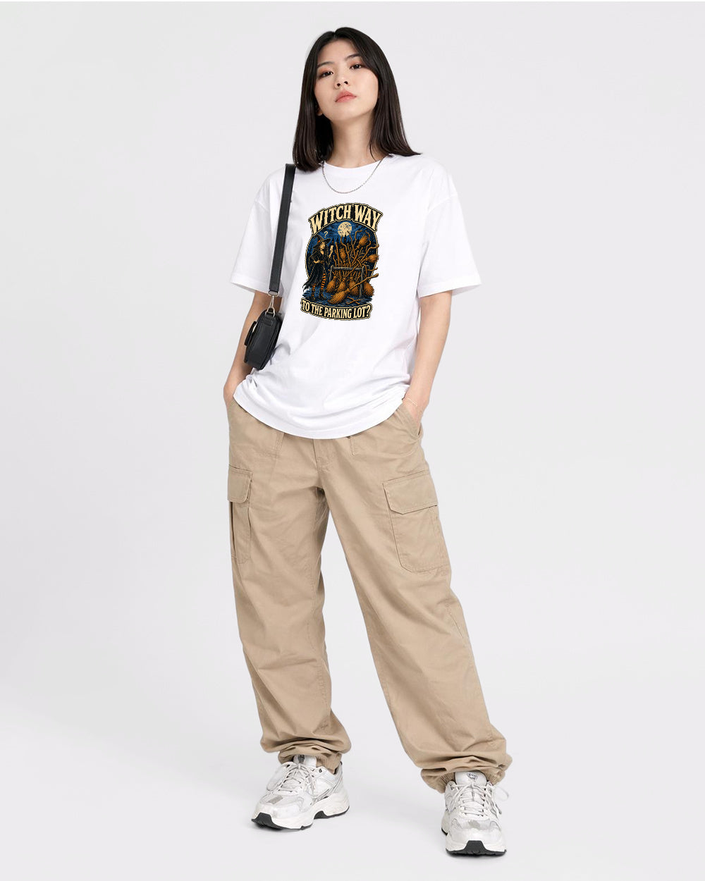 Witch Way to the Parking Lot Retro Graphic T-Shirt, full body fit view, image 2