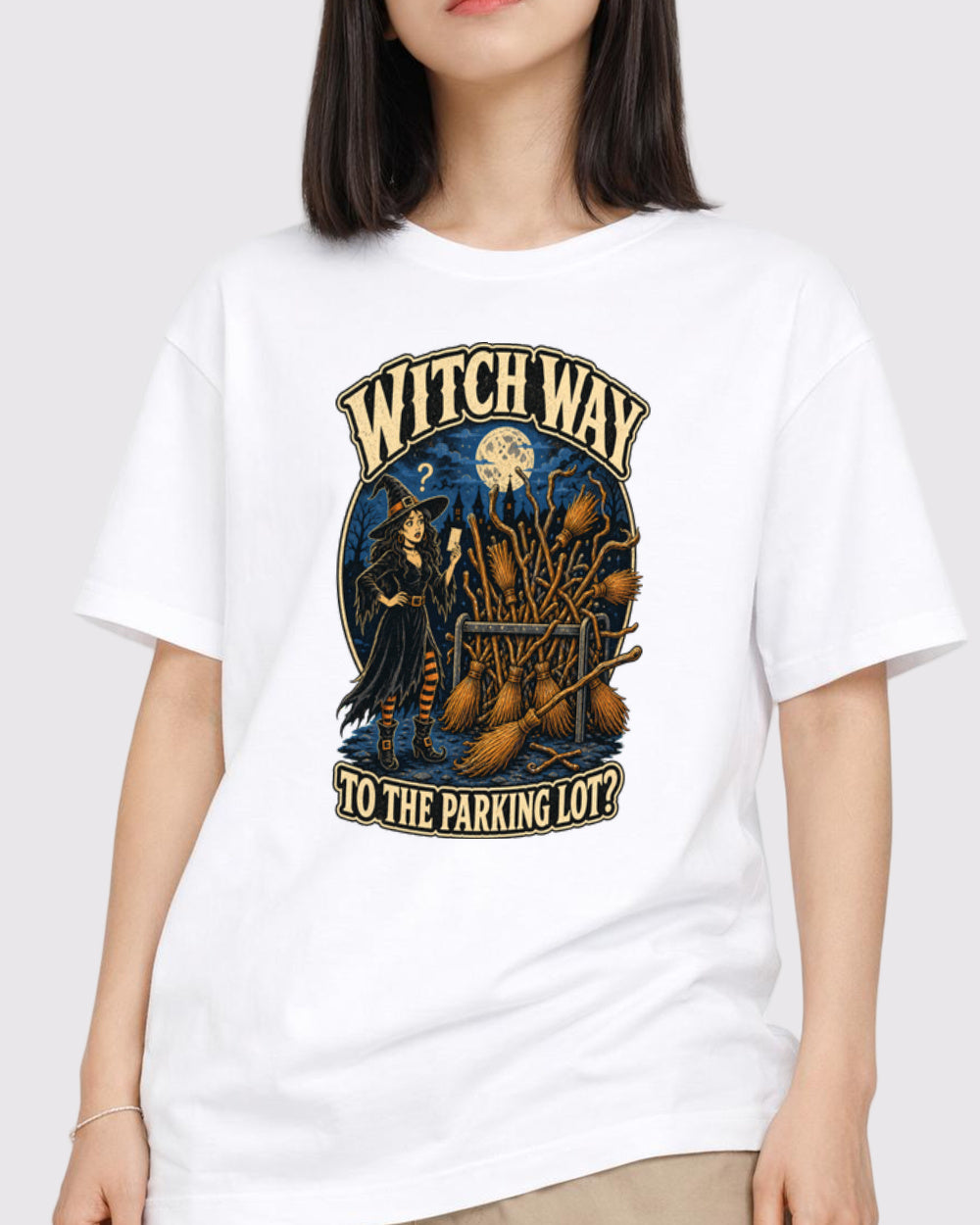 Witch Way to the Parking Lot Retro Graphic T-Shirt, primary front view, image 1