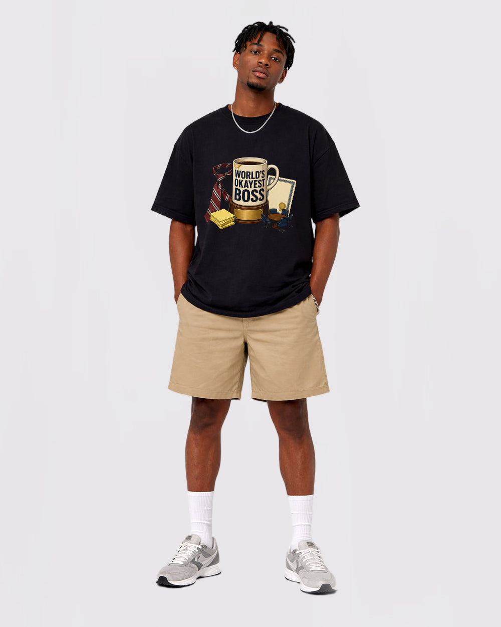 World's Okayest Boss Funny Graphic T-Shirt, full body fit view, image 2