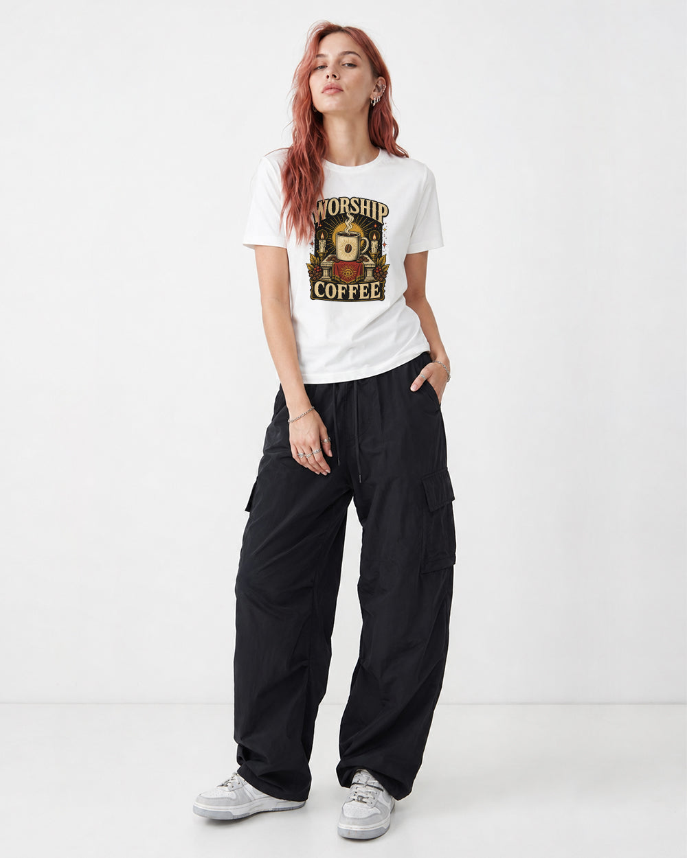 Worship Coffee Dark Graphic T-Shirt in Gray, front model view 1