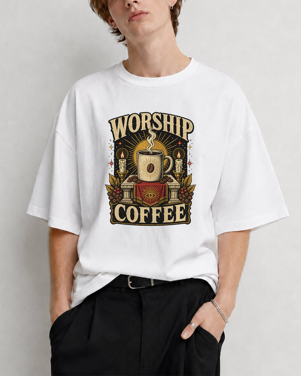 Worship Coffee Dark Graphic T-Shirt in White, front model view 2